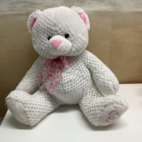 Goffa White Teddy Bear With Heart Neck Tie & Paw Prints Preloved - Picture 1 of 8